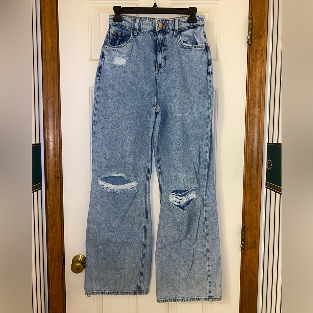New Look ripped wide leg dad jean in mid blue